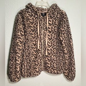 BOBEAU Faux Fur Cream & Black Leopard Print Full Zip Hoodie Size S